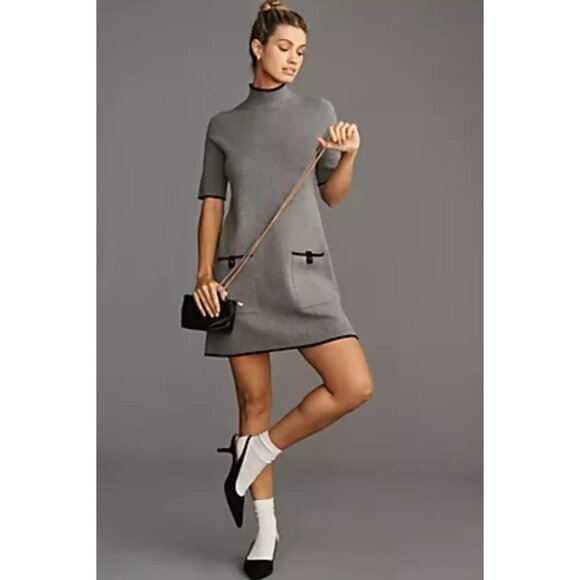 Maeve Anthropologie Size L Annalise Mod Mock Neck Mini Shift Sweater Dress Gray - Picture 2 of 12